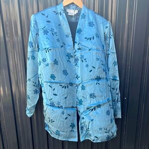 Maggy London 100% Silk Outfit Blue Blouse Pants with Floral Print Fall Winter 14